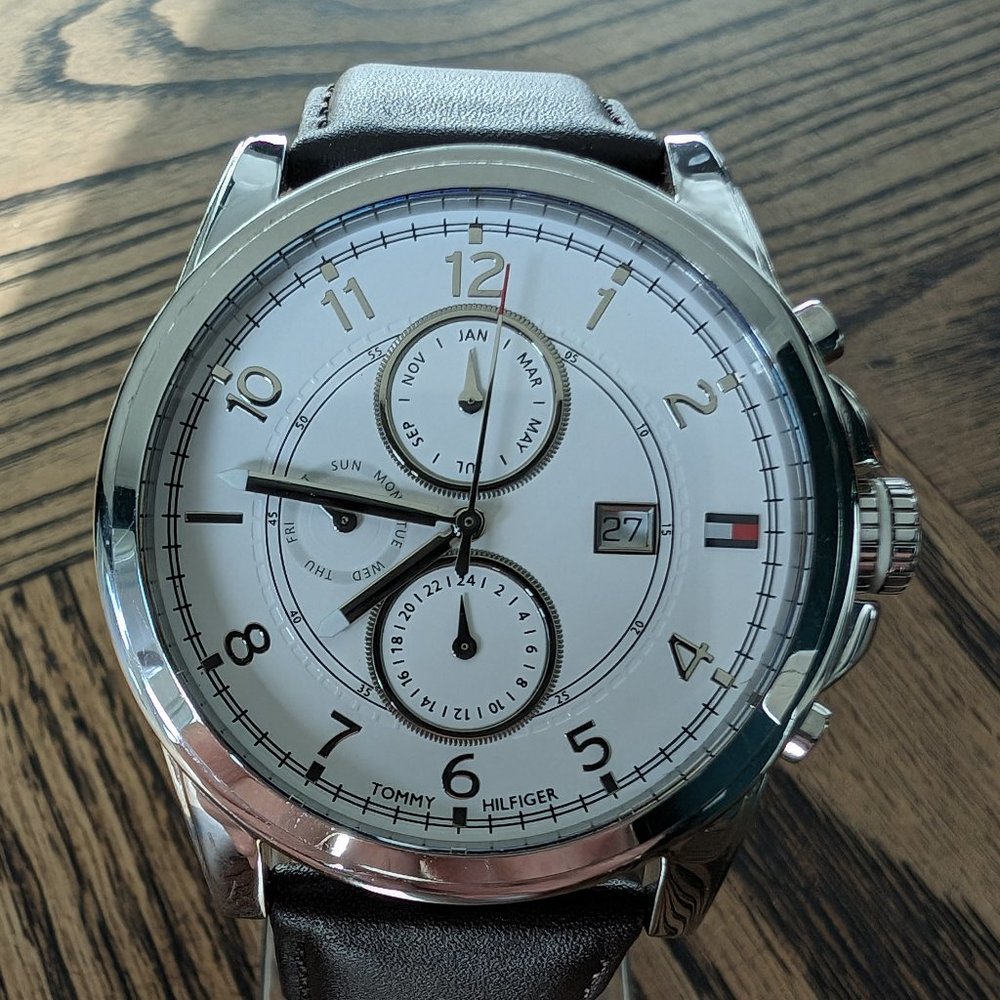 Tommy Hilfiger Watch With 44mm White Chronograph Face & Black Leather Band NWT